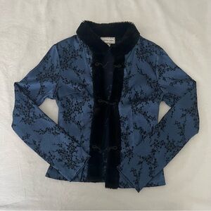Vintage Blue Floral Women's Jacket with Faux Fur Trim